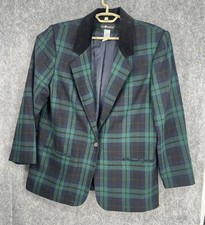 Sag Harbor Green Plaid Blazer Women's 16 Wool Blend Long Sleeve Office Jacket