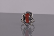 Southwestern Sterling Silver Twisted Rope Red Coral Band Ring 925 Sz: 7