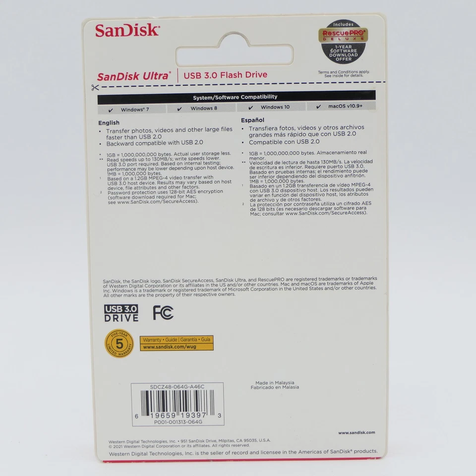 SanDisk Ultra USB 3.0 Flash Drive 64GB Speeds Up To 130 MS/s Read Sealed Package - Image 2 of 2