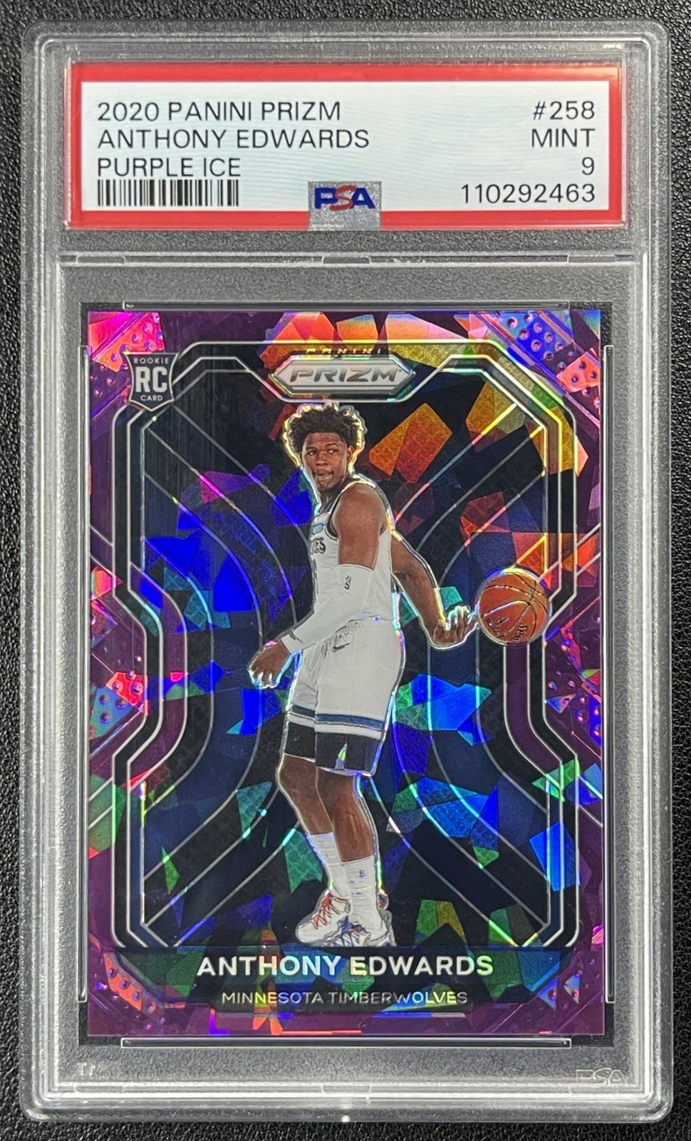 ANTHONY EDWARDS PSA 9 2020-21 PANINI PRIZM #258 ROOKIE PURPLE ICE RC 84/175 view 1