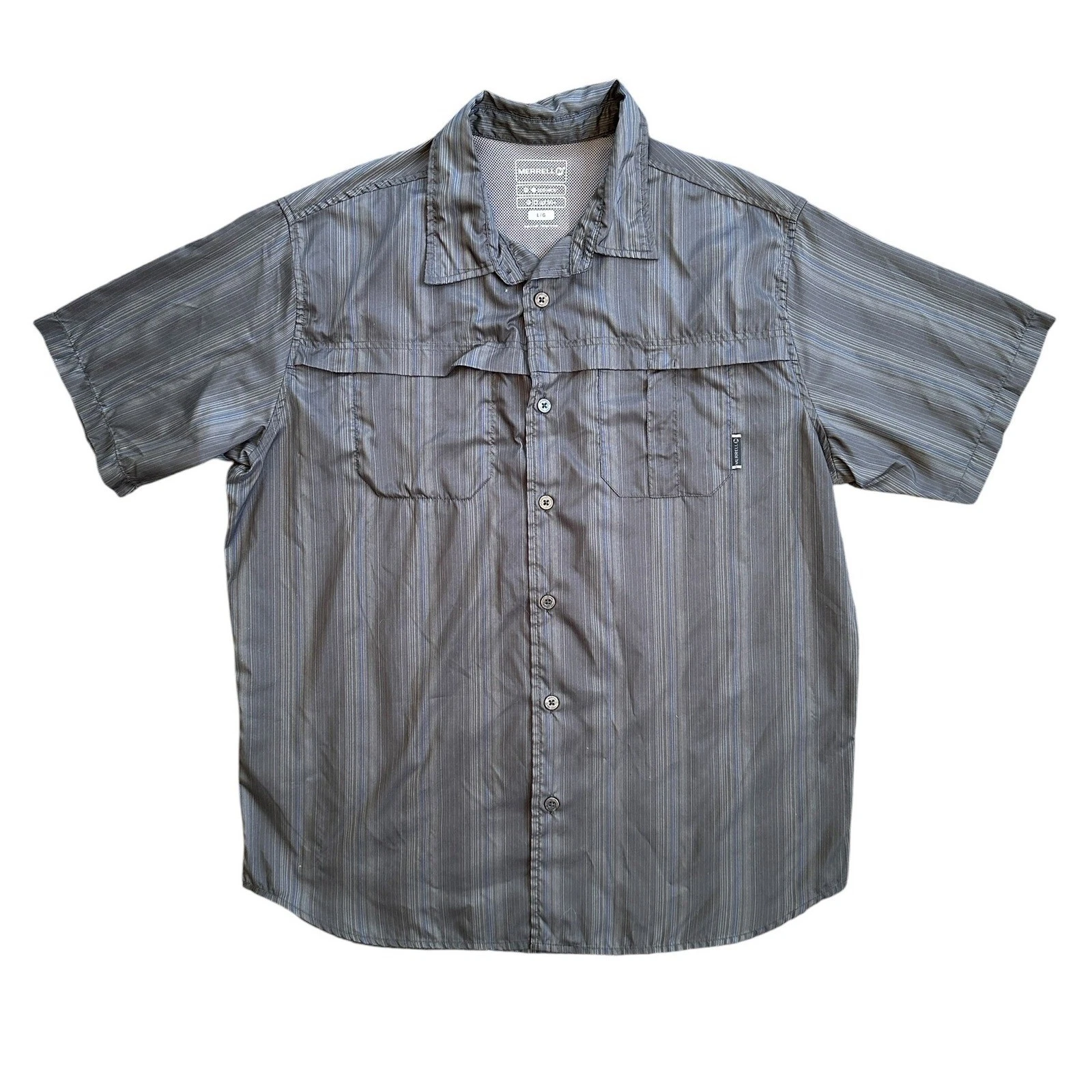 Merrell Hiking Shirt Mens L Grey Striped Short Sleeve Opti-Wick UPF50+ Excellent
Opens in a new wind