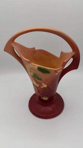 Vintage Roseville Pottery Pink Snowberry Basket Handle Vase IBK-10 USA 10.5”