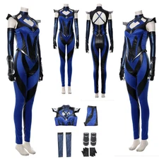 MK 11 Kitana Cosplay Costume FullSet Fancy Dress Jumpsuit Top Pants Uniform Blue