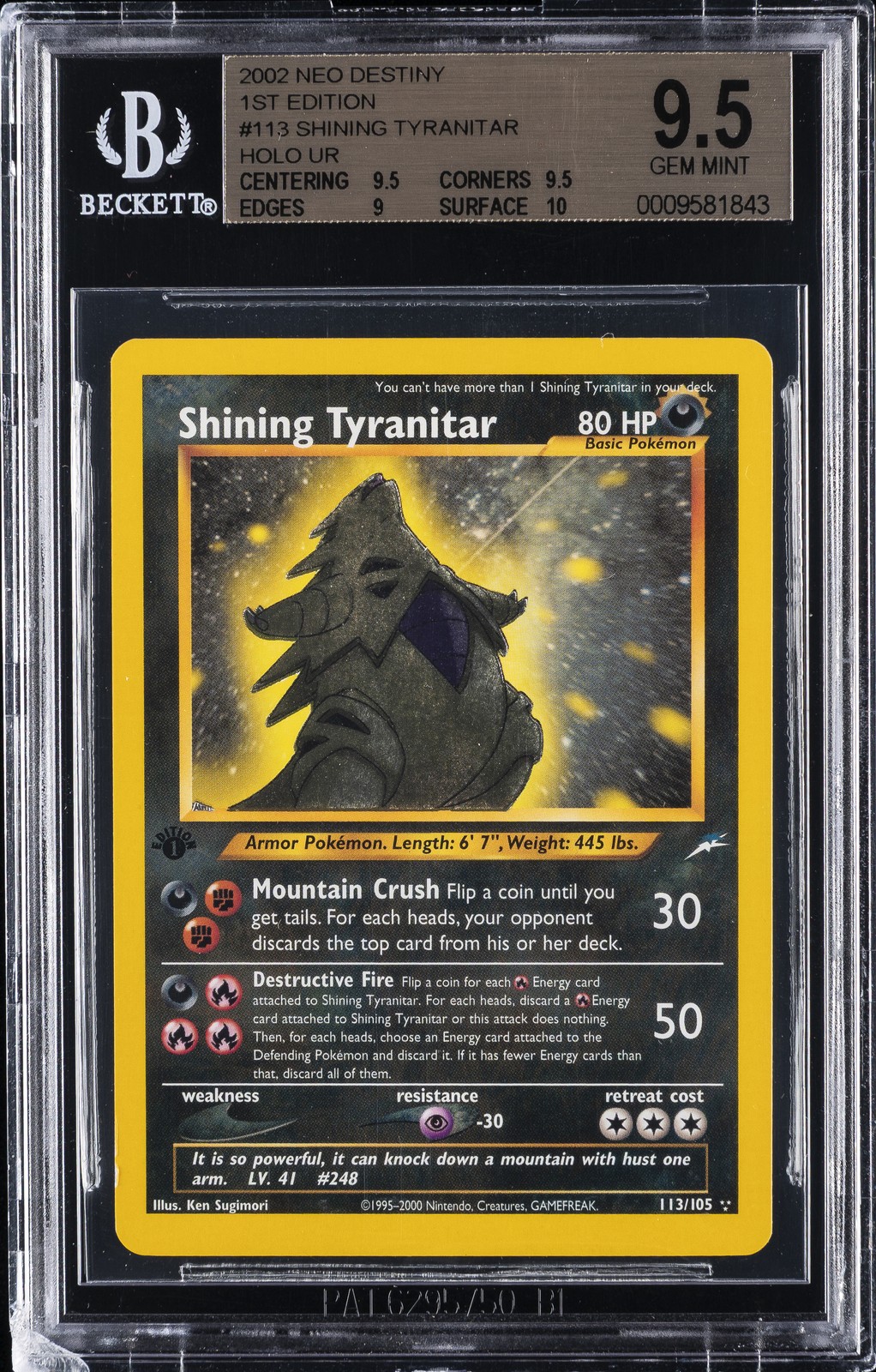 2002 NEO DESTINY 1ST ED - HOLO UR #113 SHINING TYRANITAR BGS 9.5