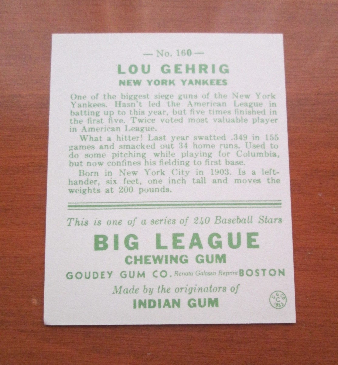 1933 GOUDEY BASEBALL REPRINTS LOU GEHRIG # 160 NEW YORK YANKEES | eBay