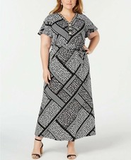 NY Collection Womens Printed Beaded V Neck Maxi Dress Black Size 3X NWOT