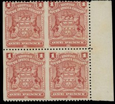 1905, BRITISH SOUTH AFRICA 1P RED, BLOCK OF 4 IMPERF VERTICALLY, NH, SC.#60e