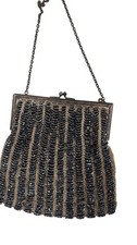 Vintage Beaded Evening Bag Iridescent Black Beads Silver Frame Kiss Lock Purse