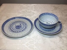 RARE VINTAGE TIENSHAN BLUE RICE GRAIN TEA CUP SAUCER AND SMALL SERVING PLATE