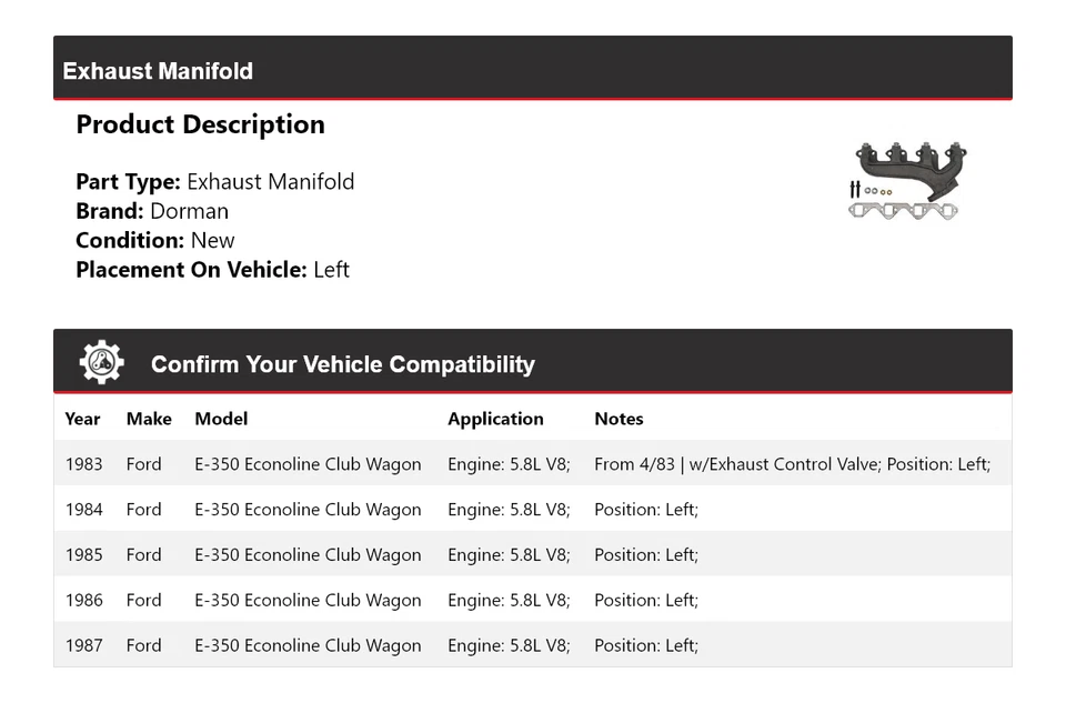Colector de escape Dorman V8 5,8 L Econoline Club Wagon 1983-1987 Foto 2 de 4