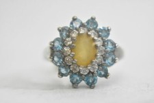 Flower ring cocktail blue petals and yellow sterling silver women prom girls  Si
