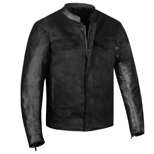 Men's Jacket Hybrid Leather & Denim Armor Jacket Motorcycle Club Cruiser Conceal - Picture 1 of 5