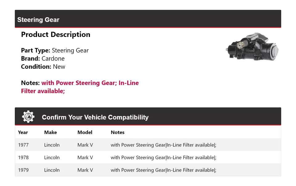 Engranaje de dirección Cardone 1978 Lincoln Mark V 1977-1979 Foto 2 de 4