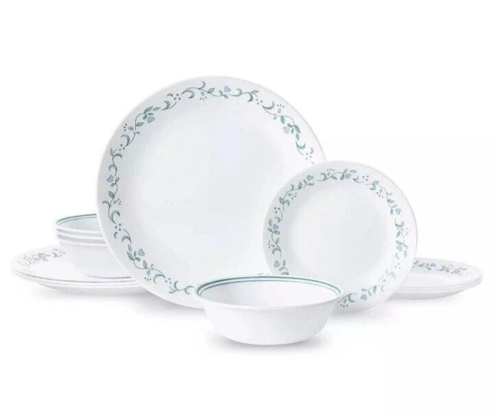 Corelle Country Cottage Dinnerware SET 12 Pieces- Setting for 4 White Green Blue - Image 2 of 4