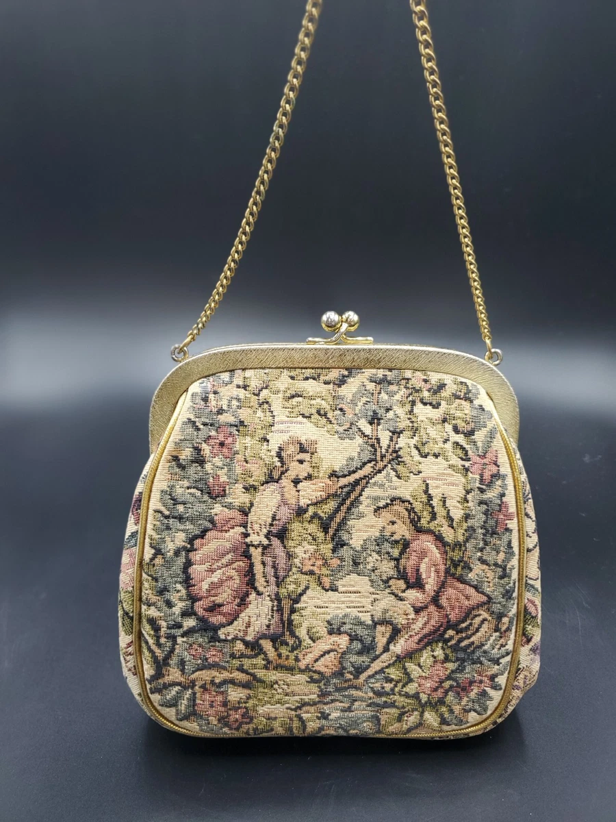 Vintage JR Julius Resnick French Tapestry Handbag Floral Purse Victorian  Couple