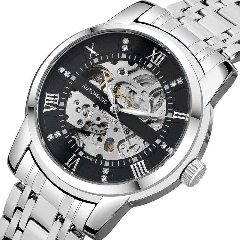 Stylish Men's Auto Mechanical Wristwatch Full Steel Bracelet Crystal Deco Gift image 9