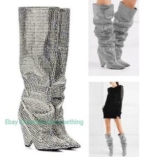 Women's Glitter Leather Embellished Rhinestone Crystal Covered Knee High Boots