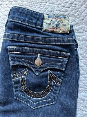 True Religion World Tour Women's Bootcut Blue Denim Jeans Studded Logo Pockets
