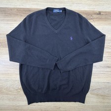 Polo Ralph Lauren Sweater Mens L Black Italian Merino Wool V Neck Pony Preppy