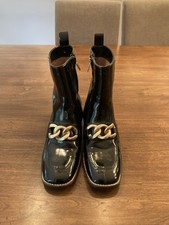 Steve Madden Loreen Women  s Black Patent ankle Bootie Chain Block Heel 8.5 M