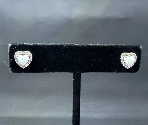 Vtg 925 Silver Opal Heart Stud Earrings with Halo Rhinestones Dainty Birthstone