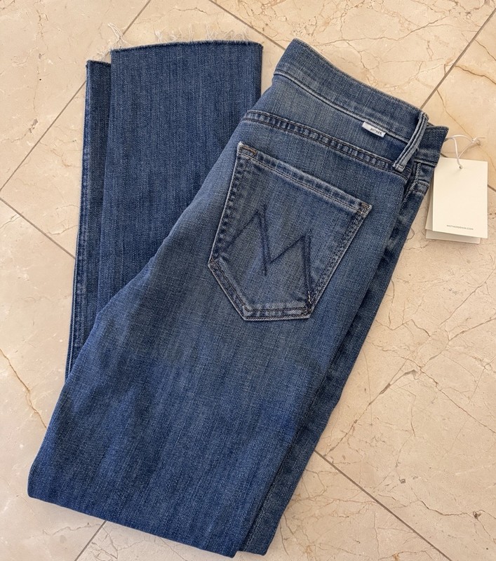 NEW MOTHER Pixie Dazzler Ankle Fray Jeans Women 26 Mid Blue Button Fly