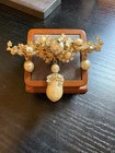 Miriam Haskell vintage baroque faux pearl brooch gold tone 3” rhinestone dangle