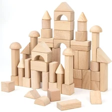 Wooden Building Blocks Set 80 PCS Natural Wood Stacking Block Toy with Carryi...