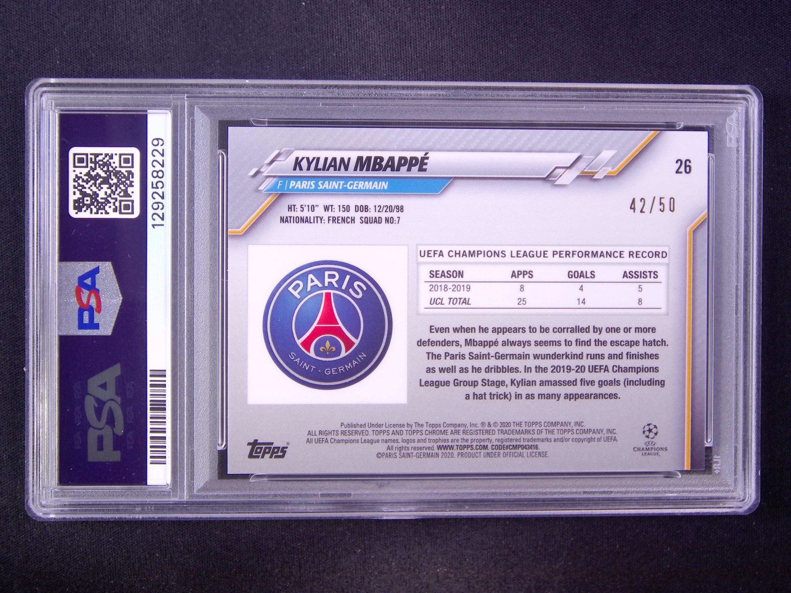 2019-20 Topps Chrome UCL Kylian Mbappe #26 Sapphire Orange /50 PSA 10 view 2