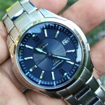 Rare CITIZEN ATTESA FULL TITANIUM JDM Radio Controlled Blue Dial Date Watch Men