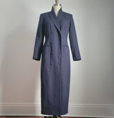VTG 100% WOOL NAVY PINSTRIPE DOUBLE BREASTED MAXI MIDI DRESS Mint Condition