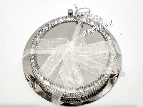 Rhinestone Mirrored Drink Coasters With Holder Silver Bling Set of 4