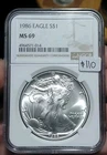 1986 Silver American Eagle $1 NGC MS 69 First Year Of Release KEY 🗝️ DATE!