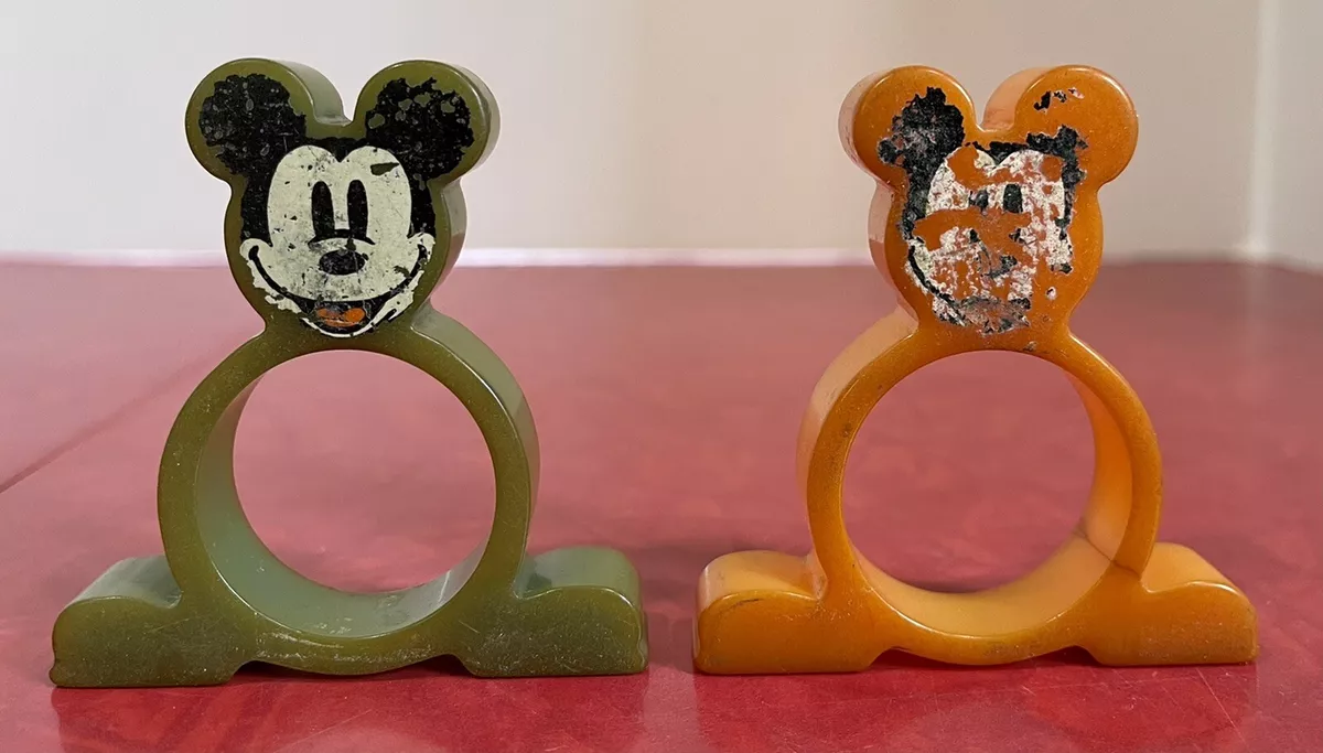2 Vintage WALT DISNEY Mickey Mouse Bakelite Napkin Rings Green Orange