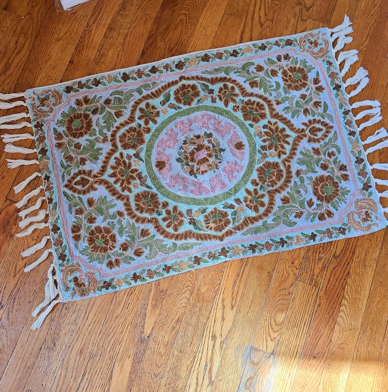 Vintage Embroidered Tapestry Area Rug Fringed Boho Decor
