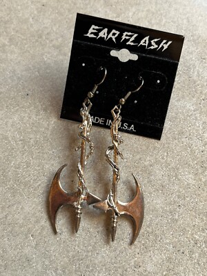 Gothic Vine Wrapped Silvertone Executioner s Axe Hook Dangle Earrings 3  Long