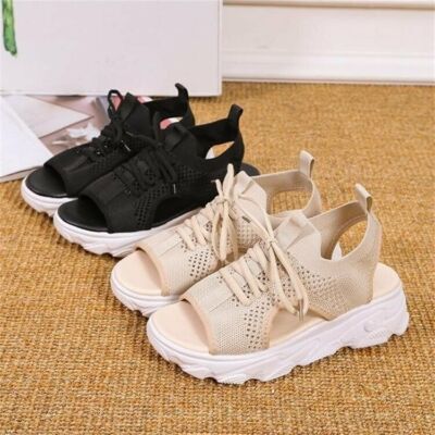 Womens Sandals Mesh Casual Shoes Thick-Soled Lace-Up Open