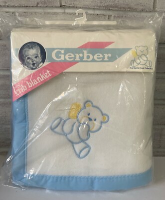 Gerber Blue Teddy Bear Crib Baby Blanket White Fleece Blue Satin Edge USA  1991