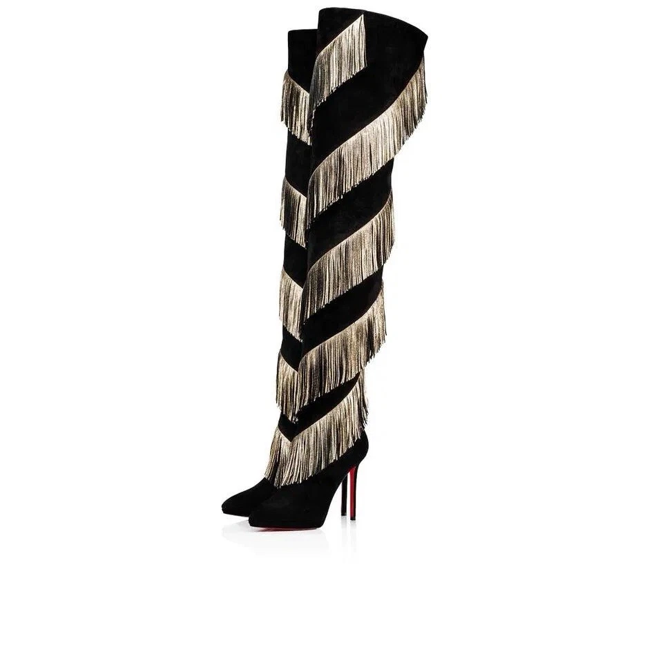 RARE Christian Louboutin Bolcheva 120 Black Gold Fringe Thigh High Boot - Image 3 of 4