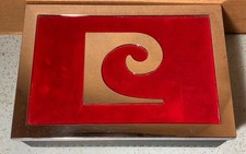 1970's PIERRE CARDIN SWEDEN MADE JEWELRY BOX RED CLOTH TOP OVERSIZED METAL LOGO