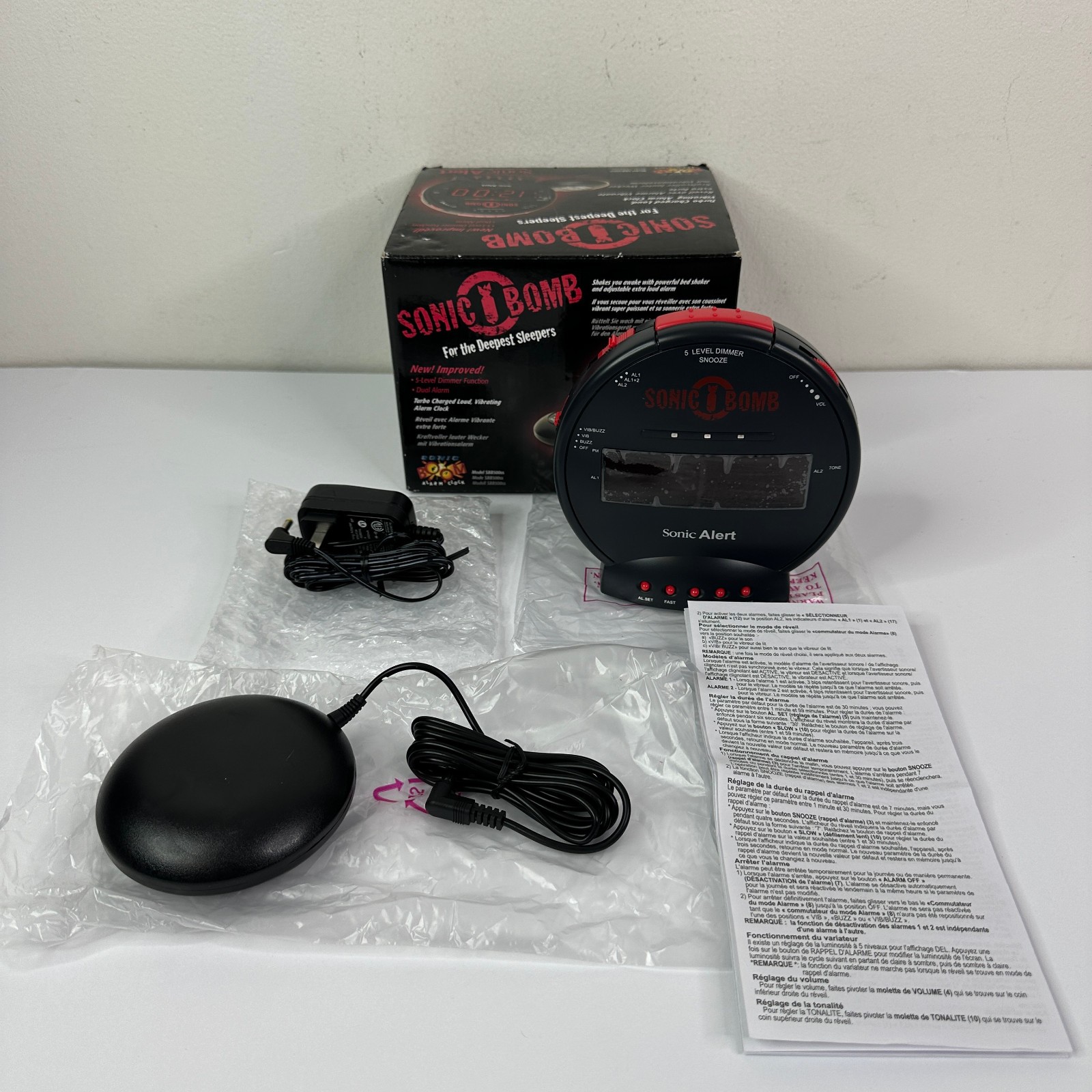 Sonic Bomb Alarm Clock with Bed Shaker Black SBB500SS New Open Box
