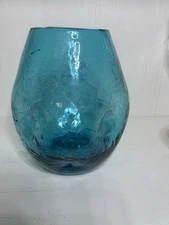 BLENKO MCM Teal Blue Pinched Top Crackle Glass Vase 6” 1/2 “