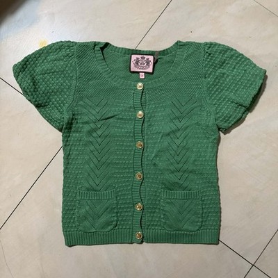 Juicy Couture Green Solid Knit Cardigan Sweater Pockets Buttons Short Sleeve