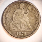 1876 P Seated Liberty Dime 10C Cents Coin Silver, Fine+, Scratched Obverse