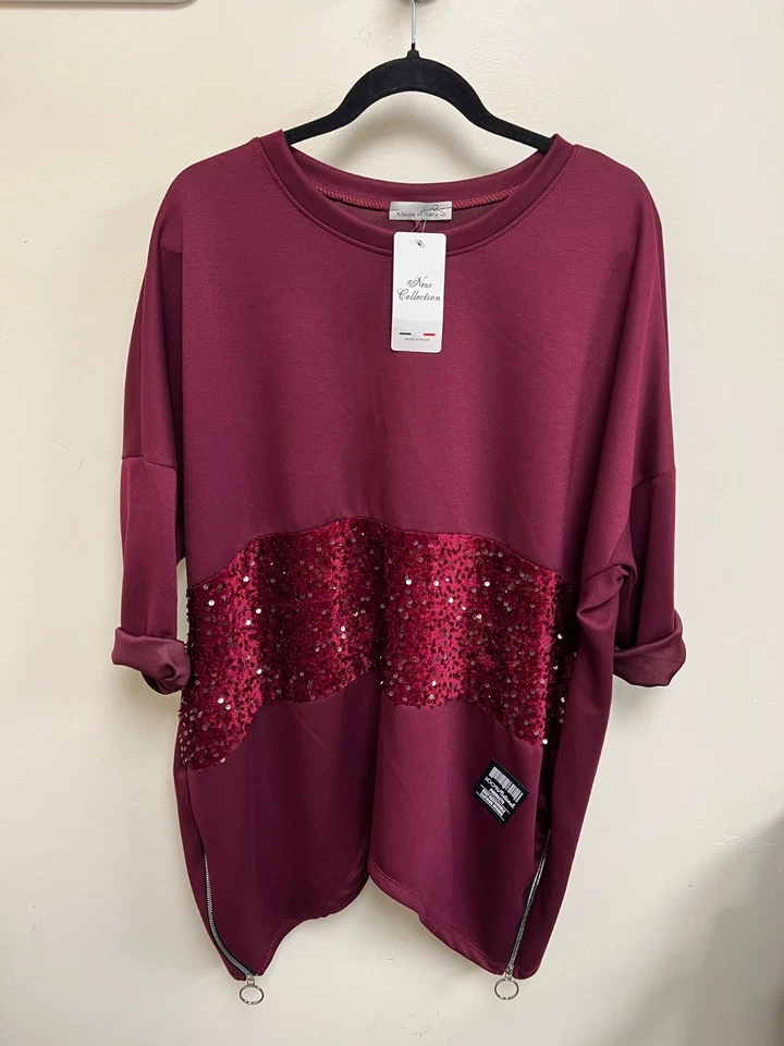 Ladies Self Coloured Sequins Oversized Scuba Fabric Pocket Top Side Zips - Image 3 of 4