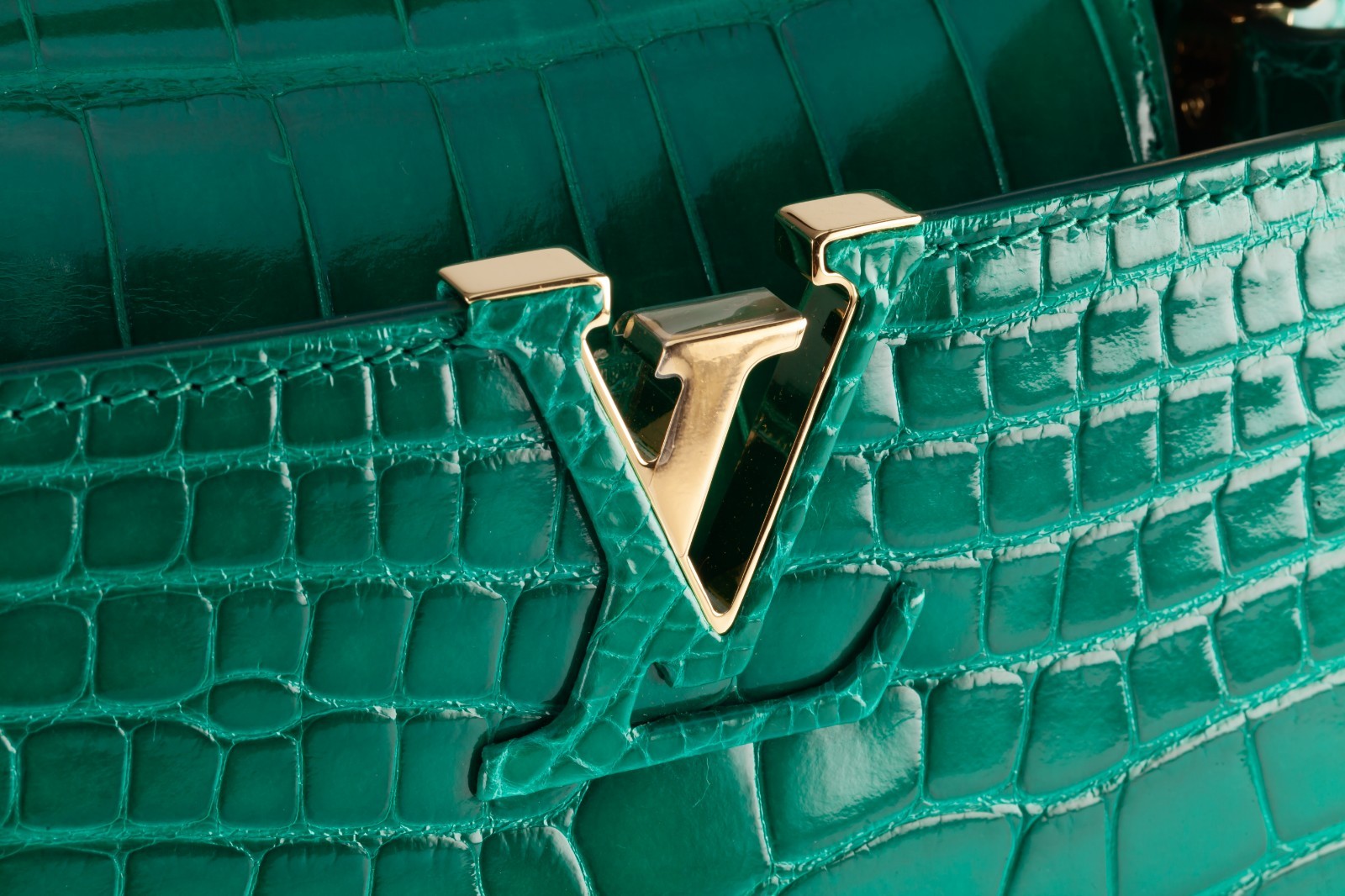 Louis Vuitton Green Alligator MM Capucines Purse Gold HW Box Dustbag Strap image 3