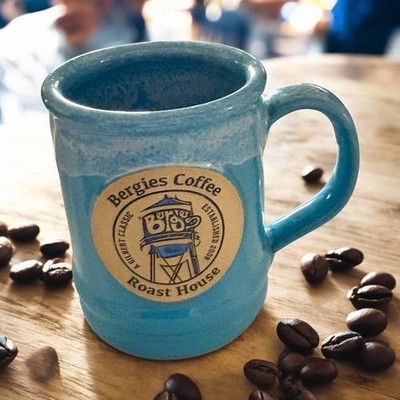 Deneen Pottery Blue Glazed Bergies Roast House Coffee Hand Thrown 14 oz Mug
