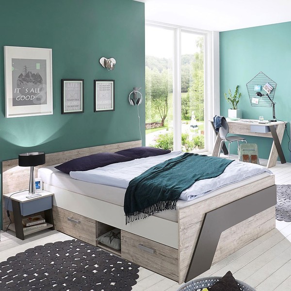 Jugendzimmer Jugendbett 140X200 Cm Schreibtisch Nachtisch Kinderzimmer Eiche Nb.-image