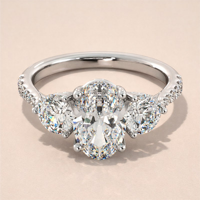 Oval Lab Grown Diamond Three Stone Pavé 925 Silver Elegant Modern Bridal Ring