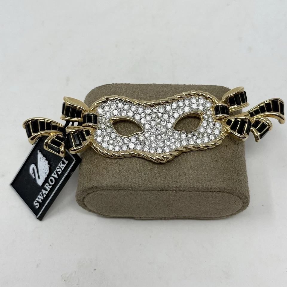 Signed Swarovski Crystal Mardi Gras Mask Pin Brooch Gold Black Masquerade Large